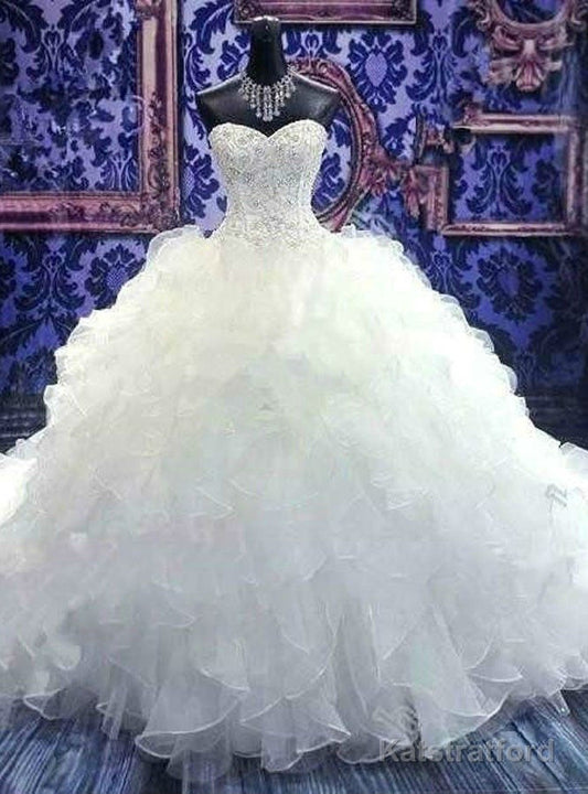 Fancy White/Ivory Strapless Organza Beading Wedding Dress Bridal Gown