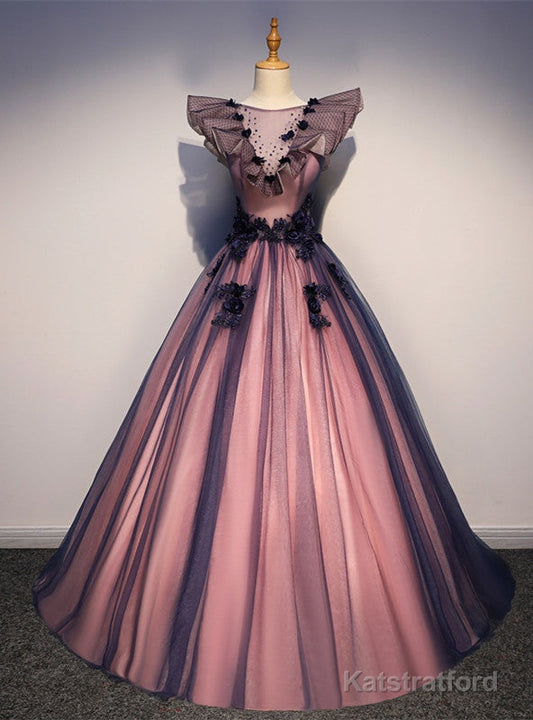 Fashion Purple Tulle Appliques Beading Quinceanera Dress