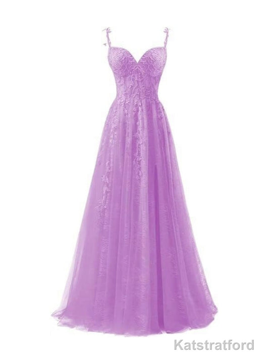 Fashion Purple Tulle Spaghetti Straps Appliques Prom Dress