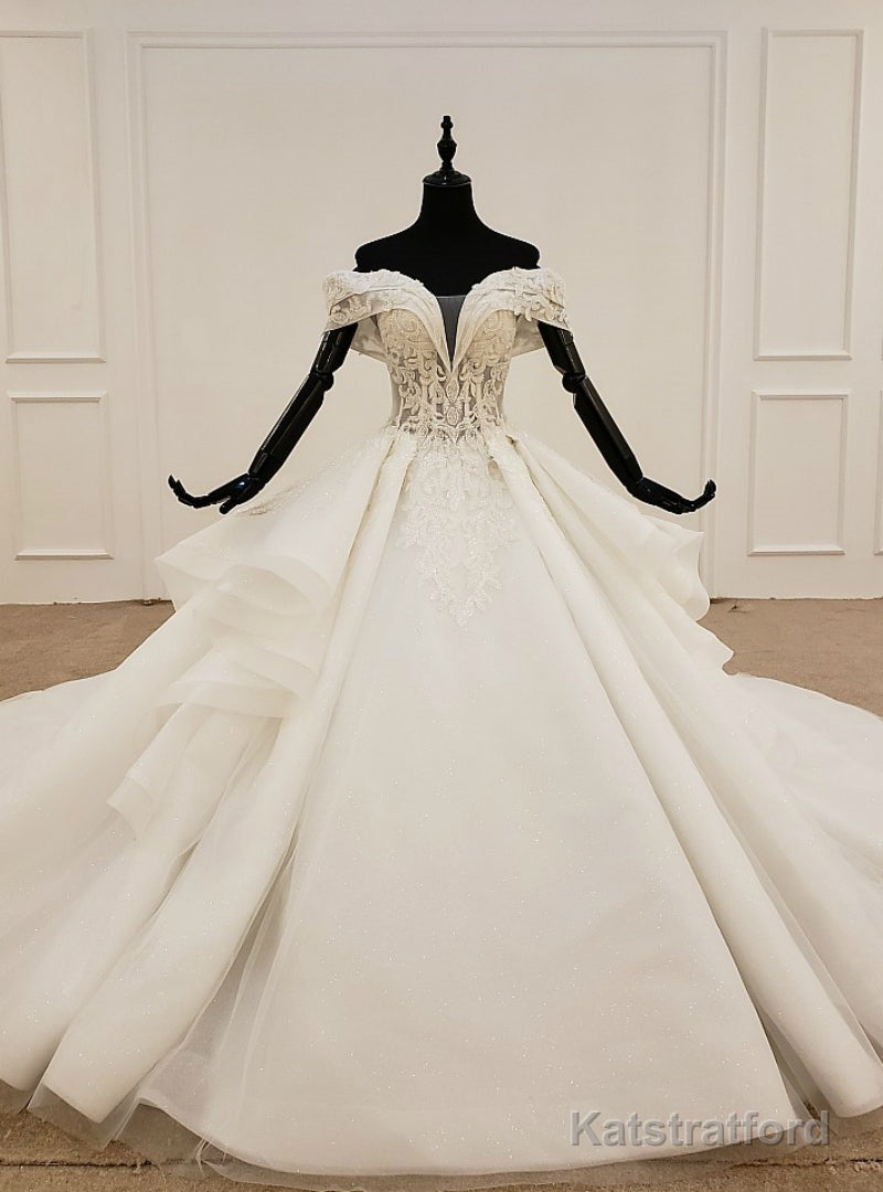 Fashion White Ball Gown Tulle Off the Shoulder Wedding Dress With Beading