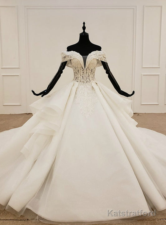 Fashion White Ball Gown Tulle Off the Shoulder Wedding Dress With Beading