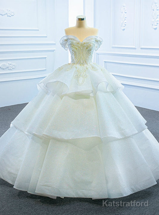Fashion White Ball Gown Tulle Sequins Off the Shoulder Beading Wedding Dress