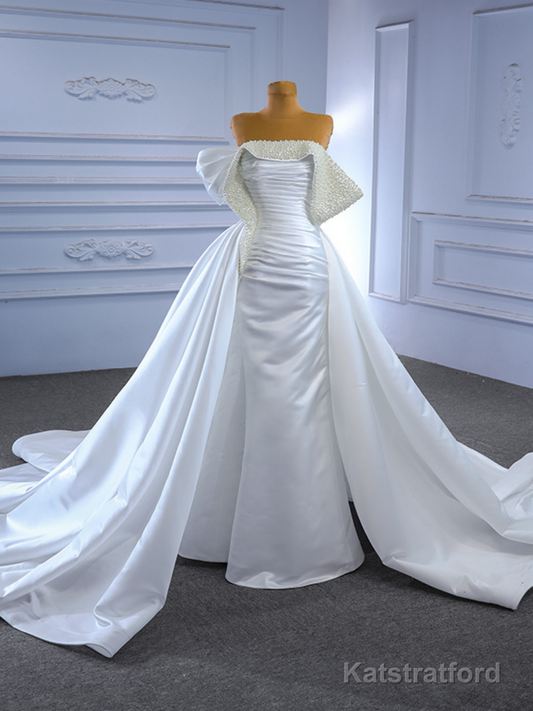 Fashion White Satin Strapless Pleats Pearls Wedding Dress