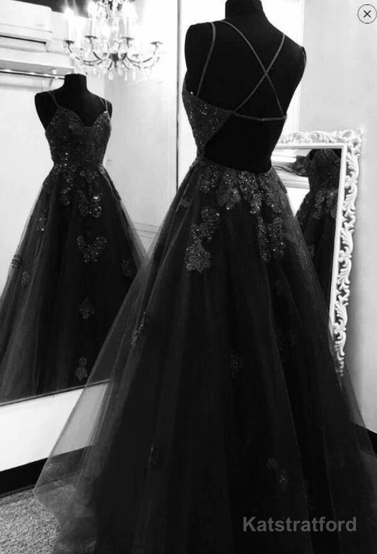 A Line Floor Length Black Tulle Lace Prom Dresses