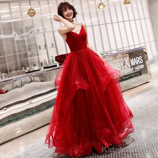 Stylish v neck tulle long prom dress, evening dress