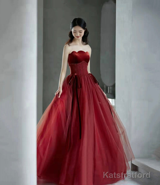 Burgundy tulle sequins long prom dress evening dress