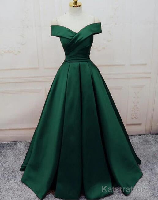 Off Shoulder Emerald Green Long Satin Evening Dresses
