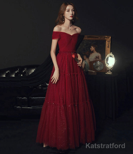 Burgundy tulle off shoulder prom dress evening dress