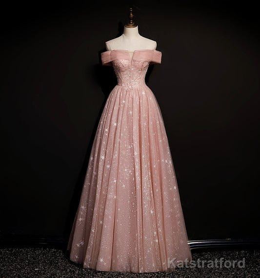 Cute tulle long A line prom dress evening dresses