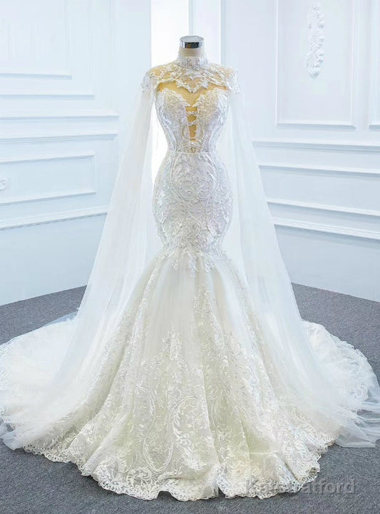 Fit Your Fashion Sense White Mermaid Tulle Lace Appliques Backless Wedding Dress Shawl