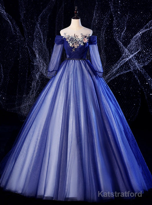 For Your Big Night Navy Blue Ball Gown Tulle Long Sleeve Appliques Quinceanera Dress