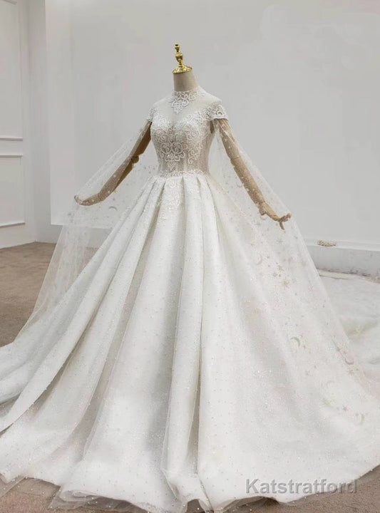 For Your Big Night White Tulle High Neck Cap Sleeve Backless Pearls Beading Wedding Dress