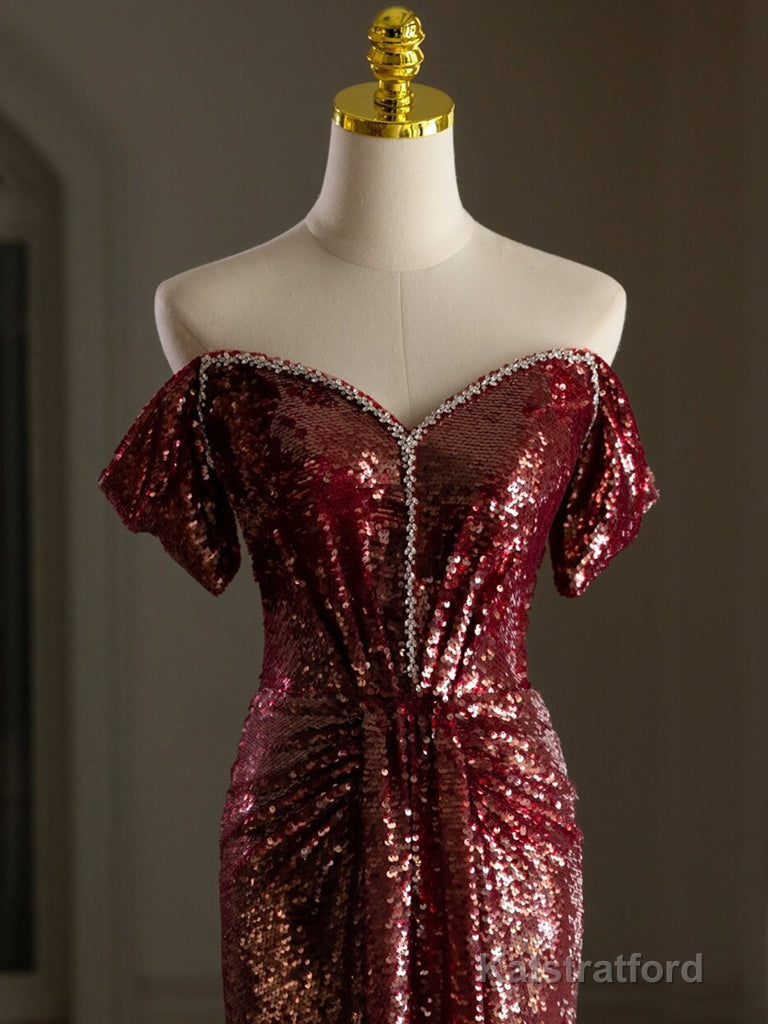 Simple Off Shoulder Sequin Burgundy Long Prom Dress, Burgundy Long Evening Dress