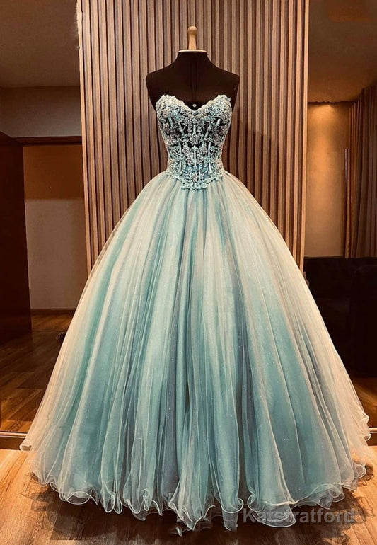 A-Line Strapless Long Prom Dresses, Lace Evening Dresses