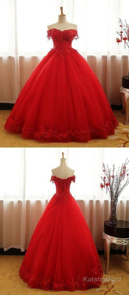 A Line Red Ball Gown Tulle Off Shoulder Long Prom Dresses