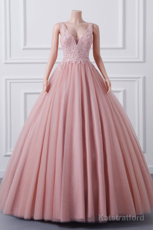Girls Sequins V neck Dusty Rose Prom Dresses A-line Tulle Ball Gown Quinceanera Dress Sweet 16 Party Dresses