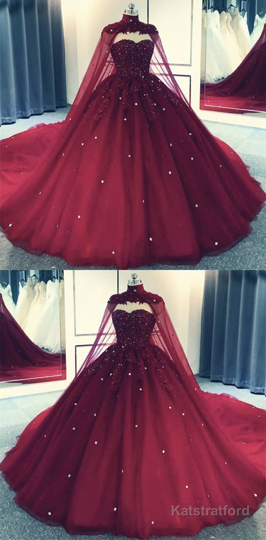 Glam Ball Gown Quinceanera Dress Lace Applique Beaded Cape, Wine Red Formal Dress Party Gowns