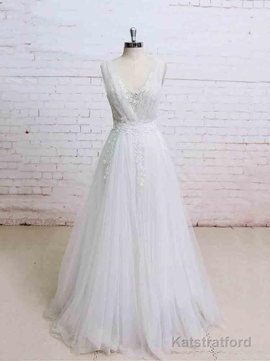 Glamorous Long A-line V-Neck Backless Tulle Wedding Dresses