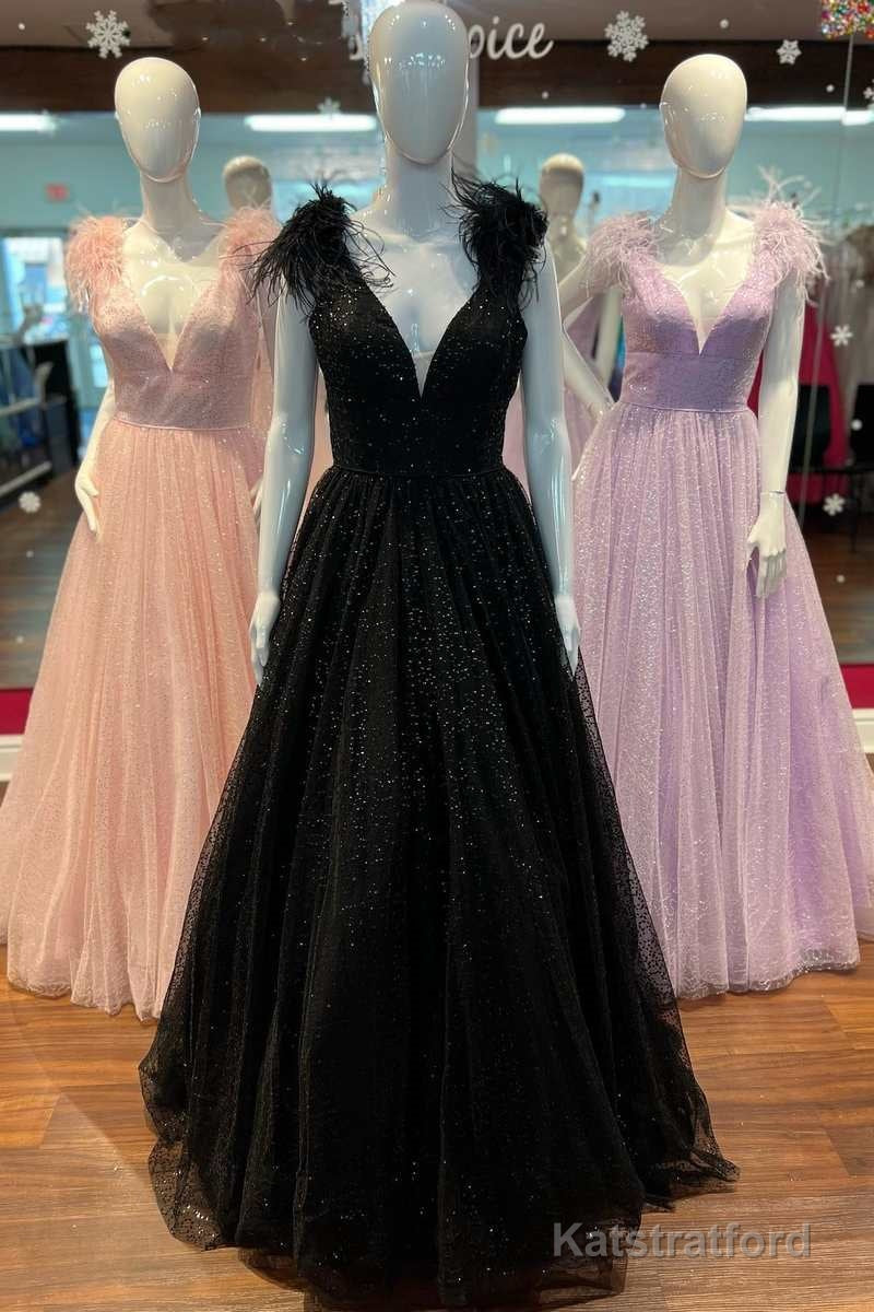 Glitter Feathers V-Neck Empire Waist A-Line Prom Gown,Evening Party Dress