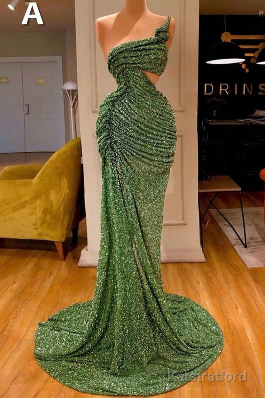 Glitter Off-the-Shoulder Slim Mermaid Prom Party GownsSleeveless Mermaid Evening Gowns