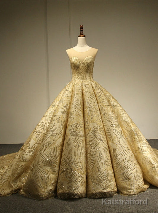 Gold Ball Gown Scoop Neck Sequins Backless Haute Couture Wedding Dresses