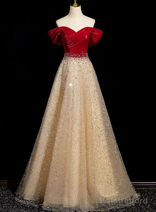 Gold Sequins Off the Shoulder Crystal Prom Dress