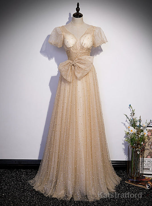 Gold Sequins Pearls V-neck Puff Sleeve Prom Dress