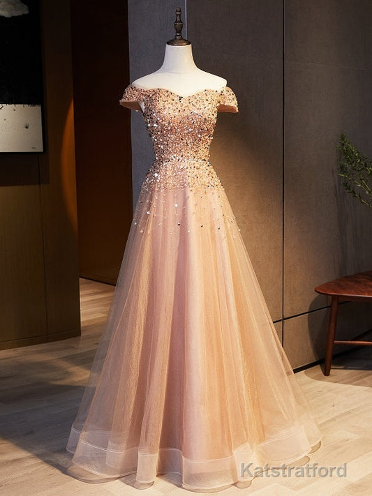 Gold Tulle Off the Shoulder Beading Sequins Prom Dress