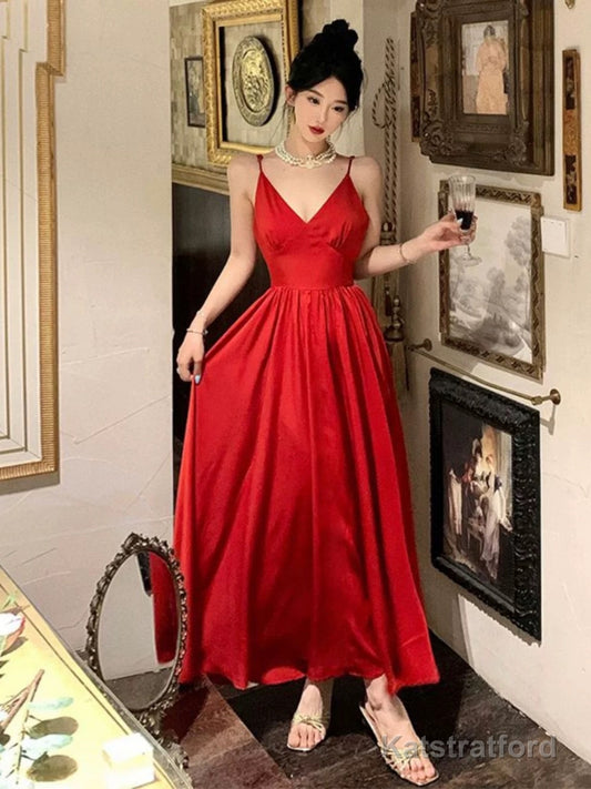 Gorgeous A Line Spaghetti Straps Red Ankle Length Evening Dress Prom Dresses Birthday Outfits