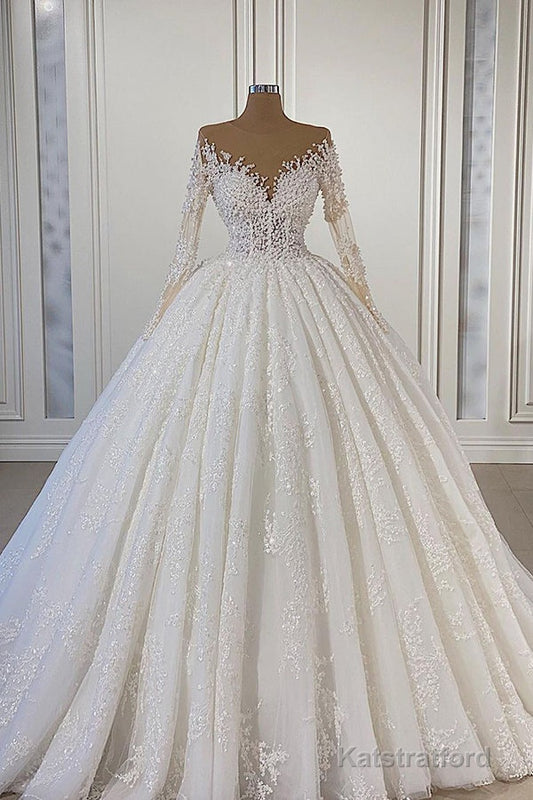 Gorgeous Lace Long Sleeve Beads Ball Gown Wedding Dress