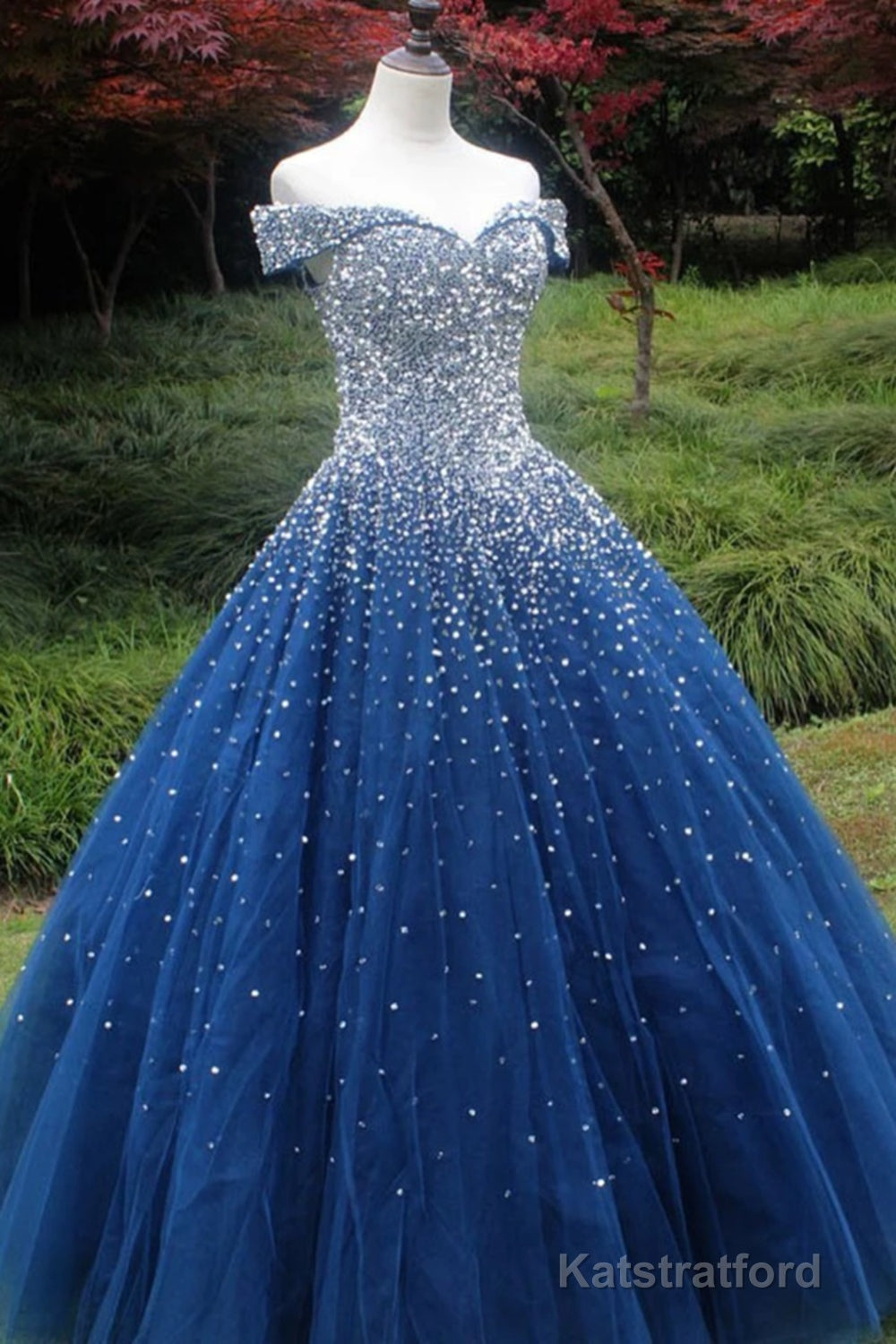 Gorgeous Off Shoulder Sequins Blue Long Prom Dress, Shiny Sequins Blue Formal Evening Dress, Blue Ball Gown