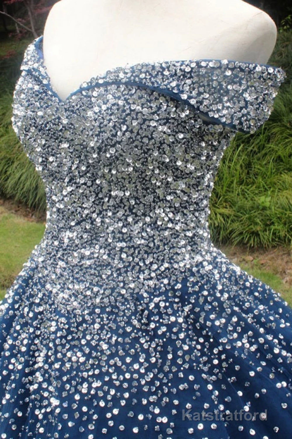 Gorgeous Off Shoulder Sequins Blue Long Prom Dress, Shiny Sequins Blue Formal Evening Dress, Blue Ball Gown