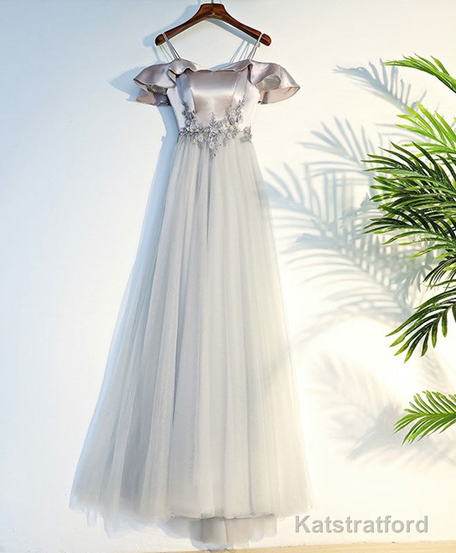 Gray A Line Lace Long Prom Dress, Gray Evening Dress