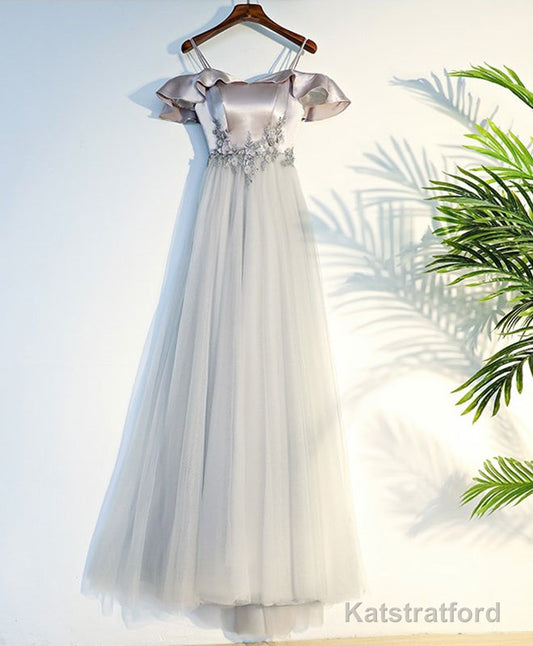 Gray A Line Lace Long Prom Dress, Gray Evening Dress