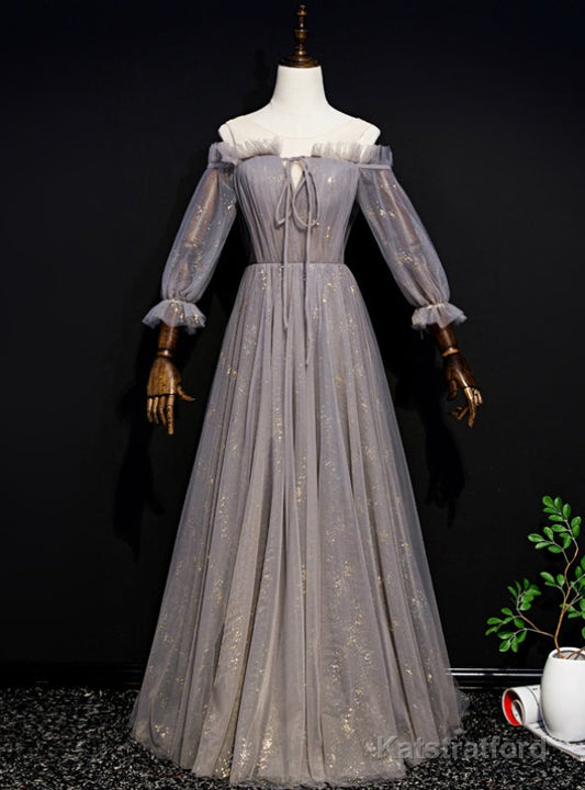 Gray Tulle Long Sleeve Pleats Cold Shoulder Prom Dress