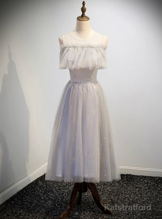 Gray Tulle Scoop Sequins Tea Length prom Dress