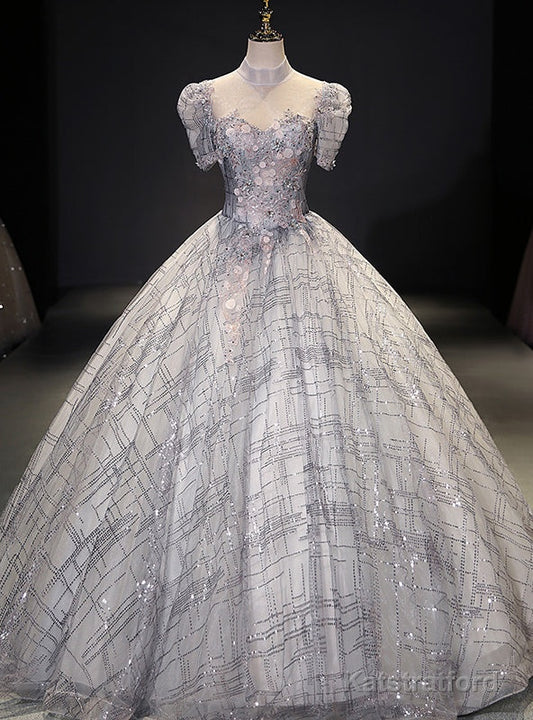 Gray Tulle Sequins High Neck Short Sleeve Quinceanera Dress