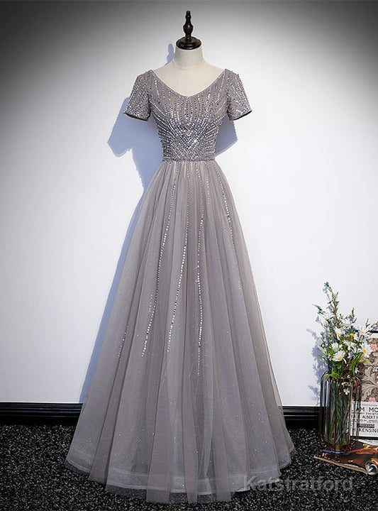 Gray Tulle V-neck Short Sleeve Beading Sequins Prom Dress