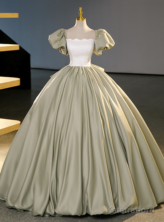 Green Satin Puff Sleeve Bow Quinceanera Dress