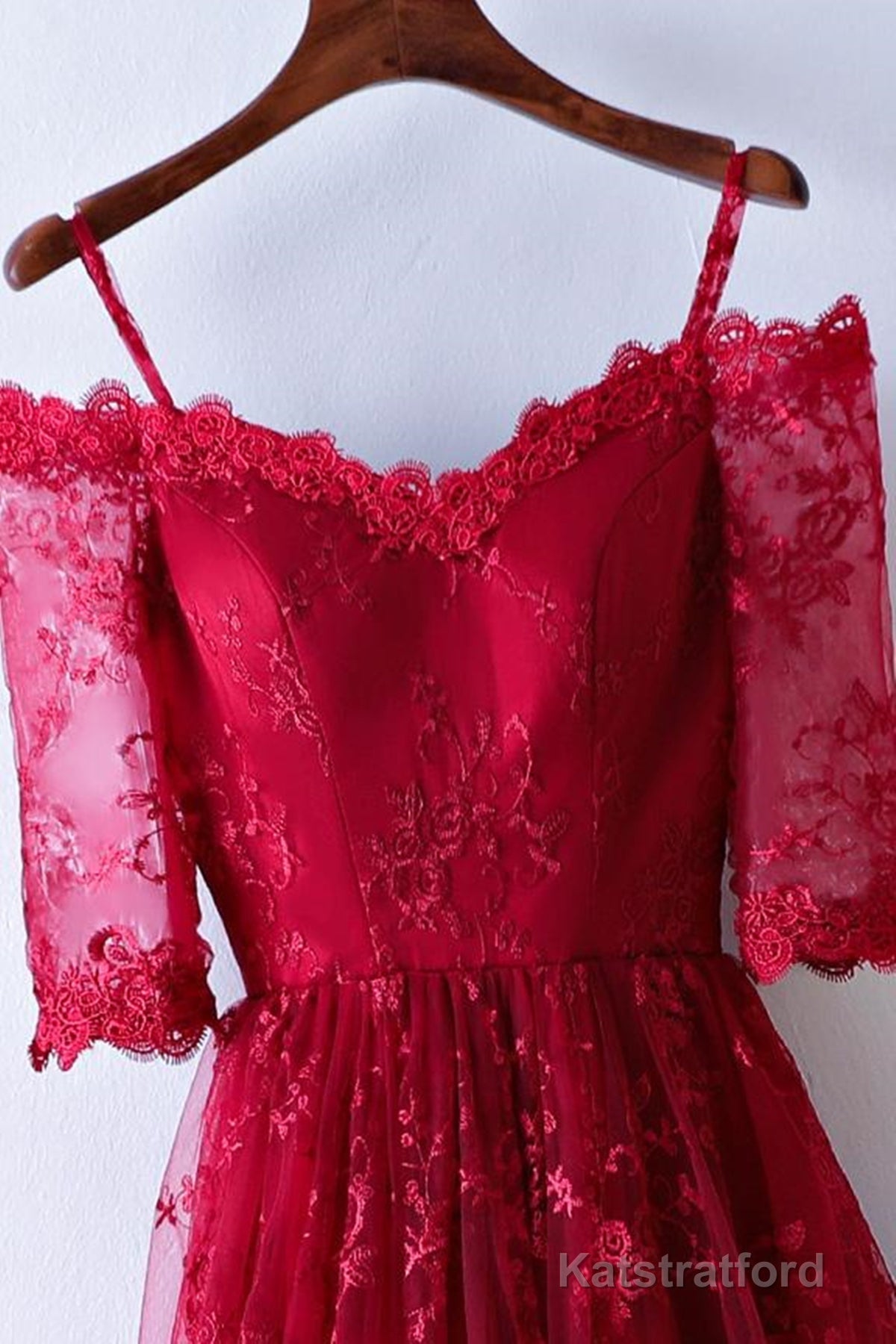 Half Sleeves Burgundy Lace Prom Dresses, Wine Red Half Sleeves Long Lace Formal Evening Dresses