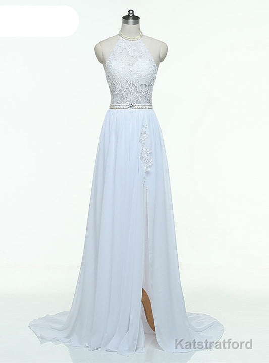 Halter Lace Top Sexy Backless Beach Cheap Beading Waist Split Evening Gown Long Dresses