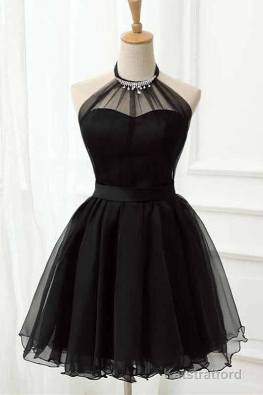 Halter Neck Backless Black Short Prom Dress, Open Back Black Homecoming Dress