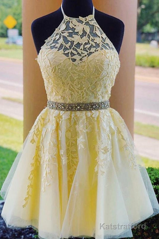 Halter Neck Backless Short Yellow Lace Prom Dress, Yellow Lace Formal Graduation Homecoming Dress