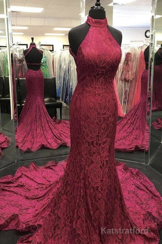 High Neck Backless Burgundy Lace long Prom Dress, Long Burgundy Lace Formal Evening Dress, Burgundy Ball Gown