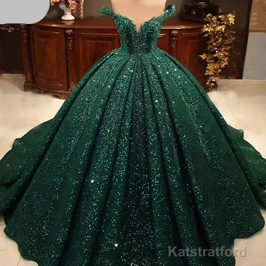 Hot Appliques Ball Gown Dark Green Wedding Dress Sequin Quinceanera Dresses