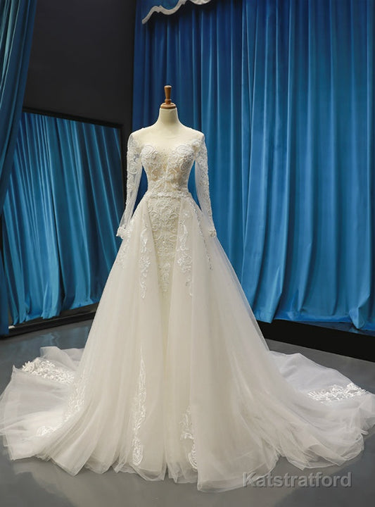 Ivory White Tulle Mermaid Appliques Beading Sequins Long Sleeve Wedding Dress With Removable Train