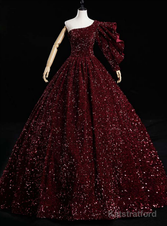 Just Be The One For You Burgundy Ball Gown Sequins One Shoulder Quinceanera Dress