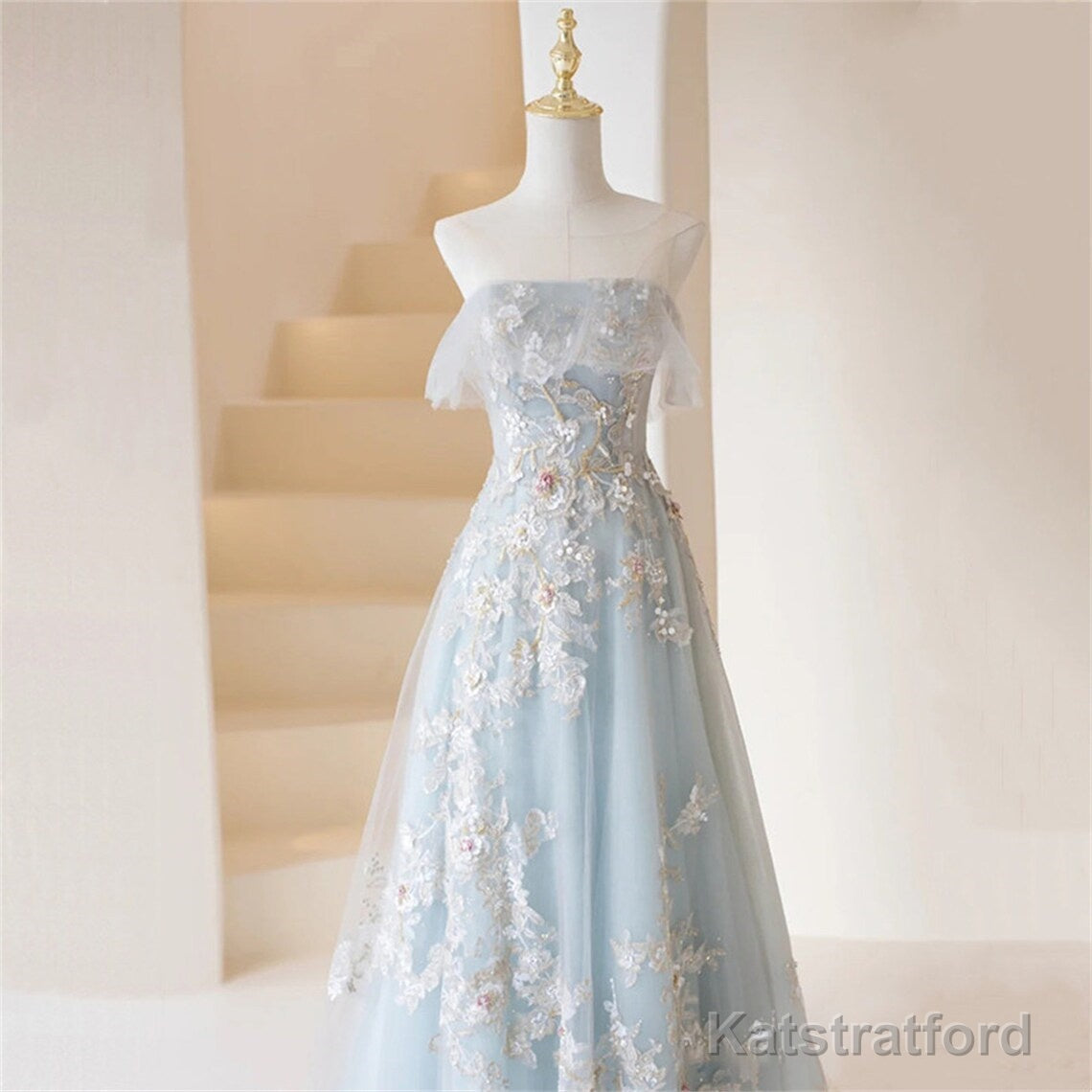 Light Blue Prom Dresses Fairy,Long Blue Tulle Floral Appliques Formal Dresses