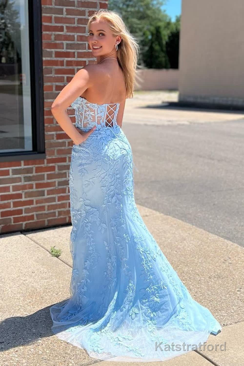 Light Blue Sweetheart Lace-Up Long Mermaid Prom Dress with Appliques