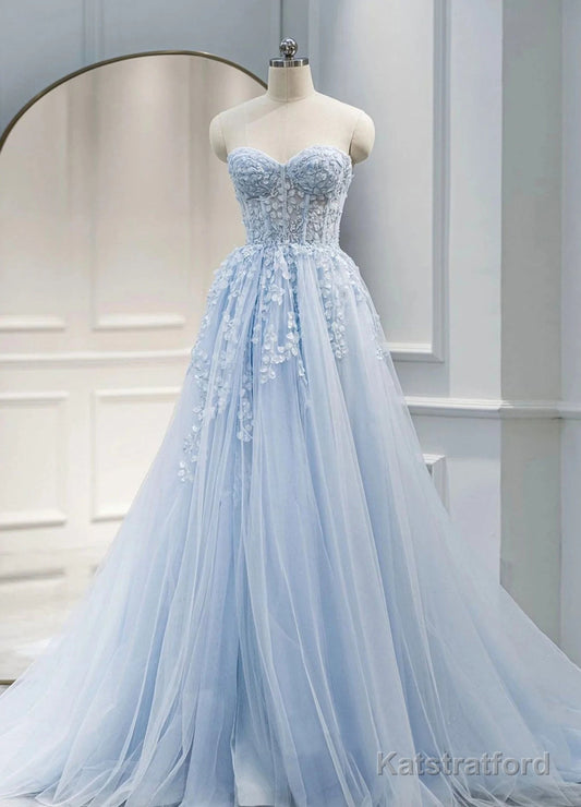 Light Blue Sweetheart Tulle with Lace Long Wedding Party Dress, Blue Prom Dress